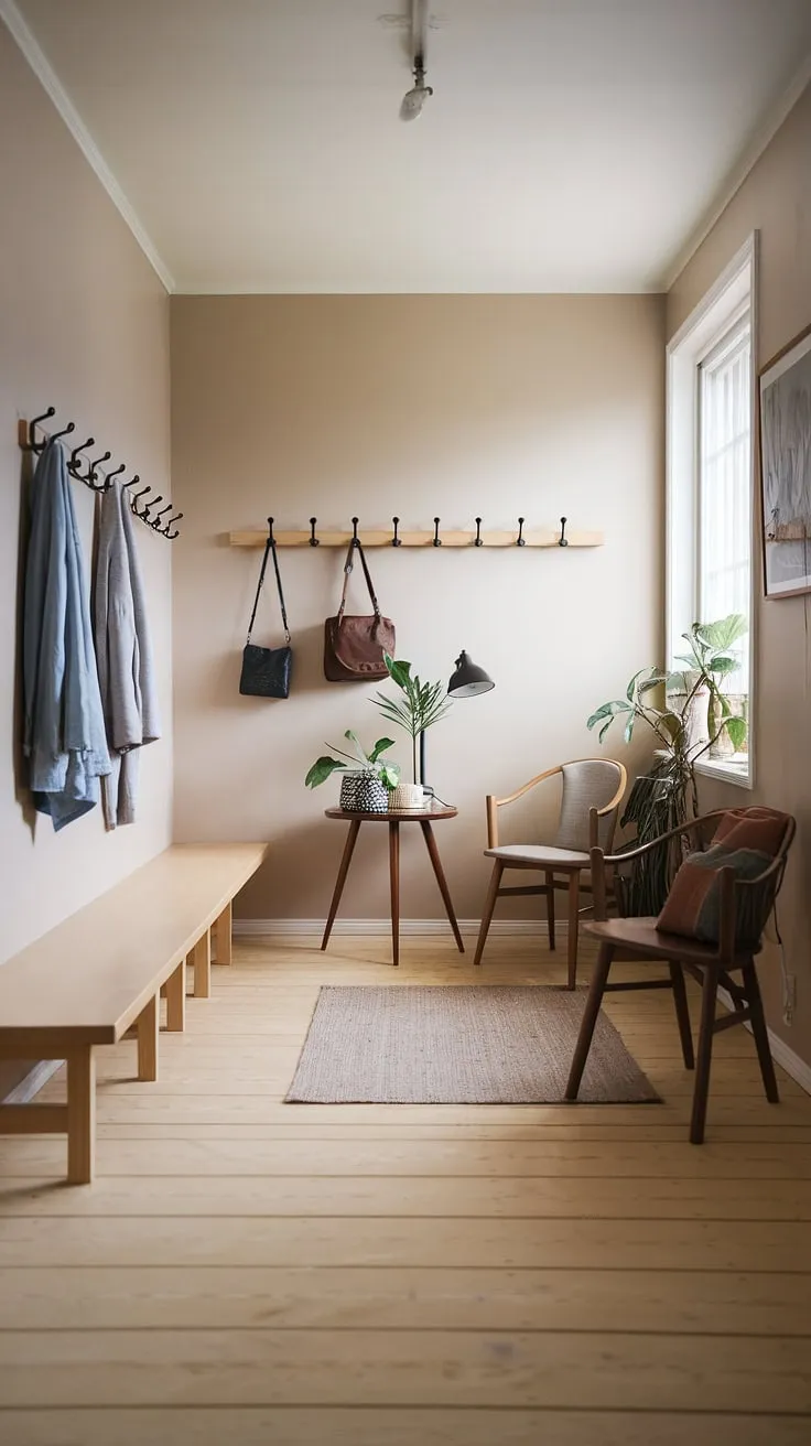 This minimalist mudroom seamlessly blends Scandinavian and Japanese design aesthetics. The neutral tones, natural wood, and carefully curated details-from the strategically placed hooks to the quiet corner plant-create a welcoming and organized space. A perfect blend of form and function, it's the epitome of understated elegance.