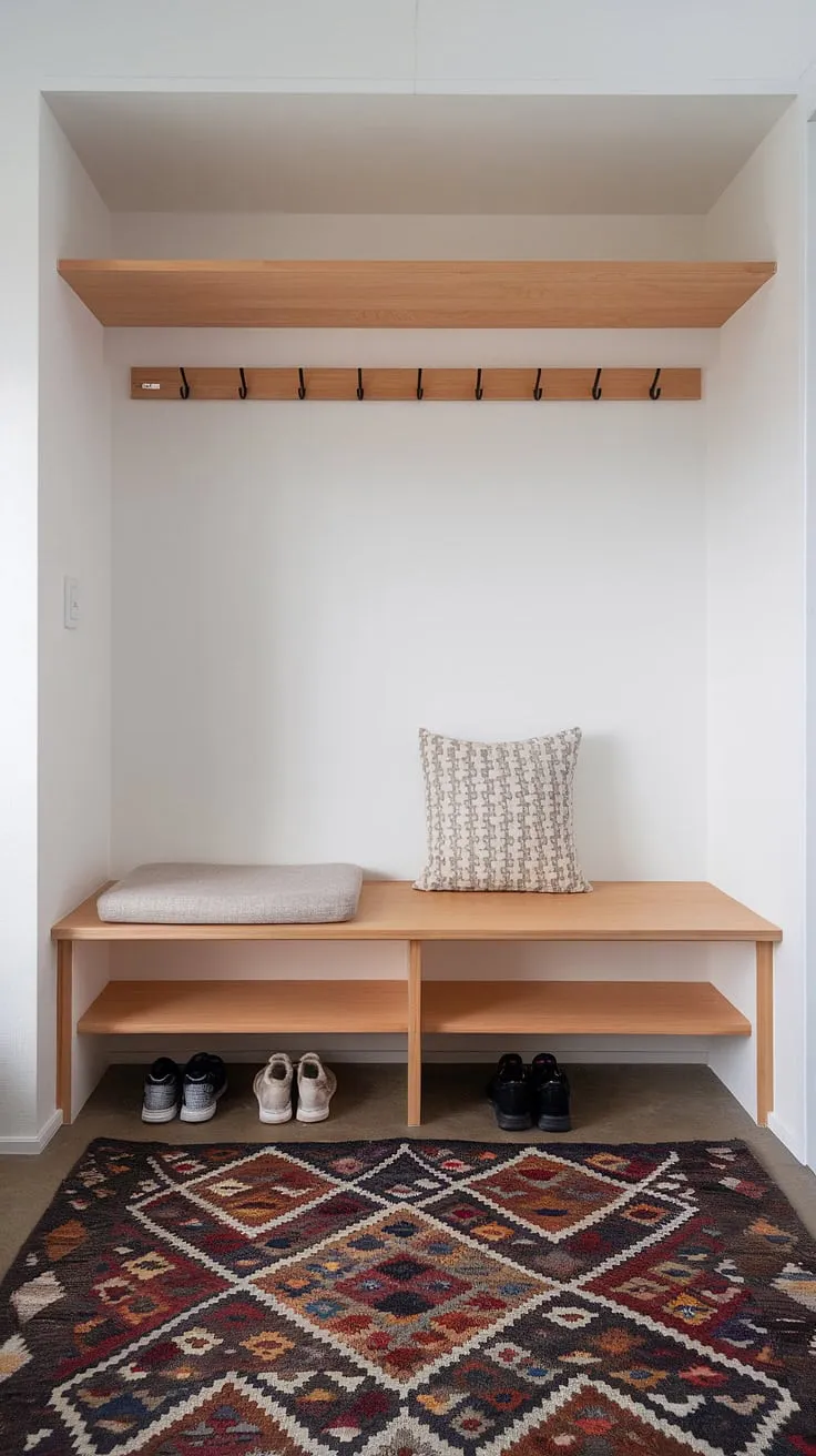 A serene sanctuary of calm awaits at the end of the day in this meticulously designed mudroom. The interplay of light wood, clean lines, and a textural rug creates a space that is both aesthetically pleasing and highly functional. A testament to the power of minimalist design, this entryway is a haven of peace and order.