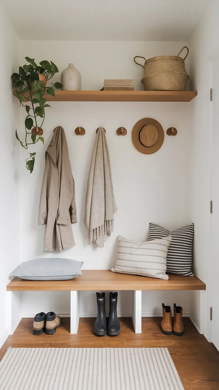 Serene functionality meets minimalist style in this Scandinavian mudroom, showcasing a Japandi design aesthetic. The soft lighting and natural wood tones create a calming atmosphere, while practical storage solutions keep everything organized and within easy reach. A perfect blend of form and function.