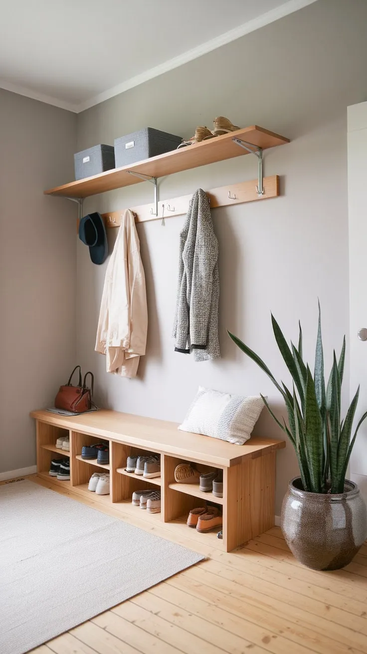 Organized chaos meets tranquil design in this minimalist mudroom. The blend of Scandinavian simplicity and Japandi warmth is evident in the natural wood tones, the functional storage solutions, and the calming gray backdrop. A perfect blend of form and function, this space welcomes you home with understated elegance.