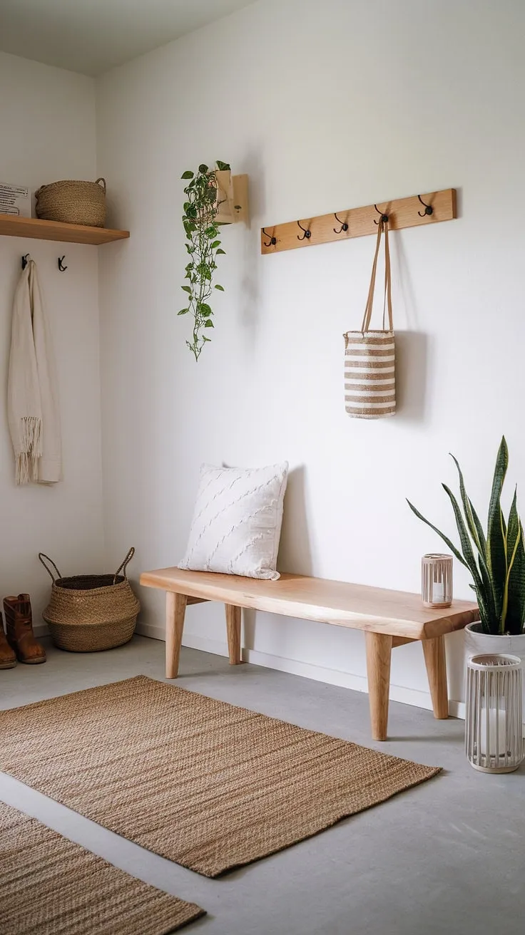 A serene sanctuary of calm amidst the daily rush. This minimalist mudroom, inspired by Scandinavian and Japanese design principles, seamlessly integrates functionality and beauty. The natural materials and thoughtful details-from the wooden bench to the jute rug-create a welcoming and organized entryway.