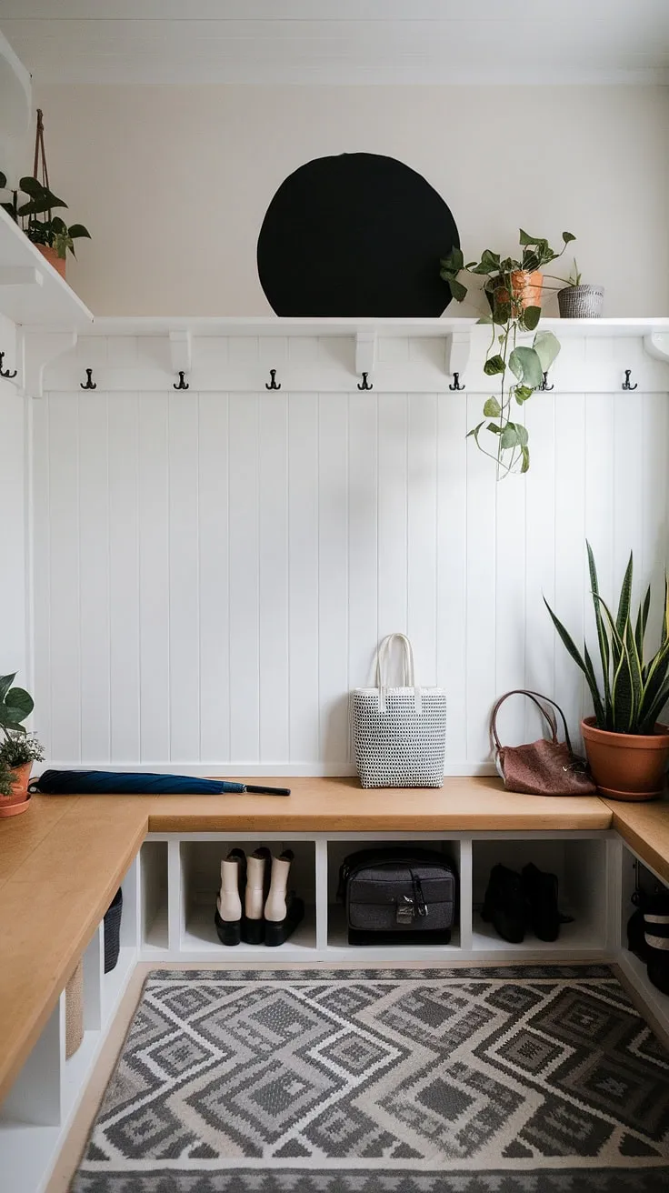 This thoughtfully designed mudroom seamlessly blends Scandinavian simplicity with Japanese aesthetics. The long wooden bench, complete with hidden storage, offers practical organization while the minimalist black circle and patterned rug add subtle visual interest. A peaceful entryway, perfectly reflecting a balanced and considered lifestyle.
