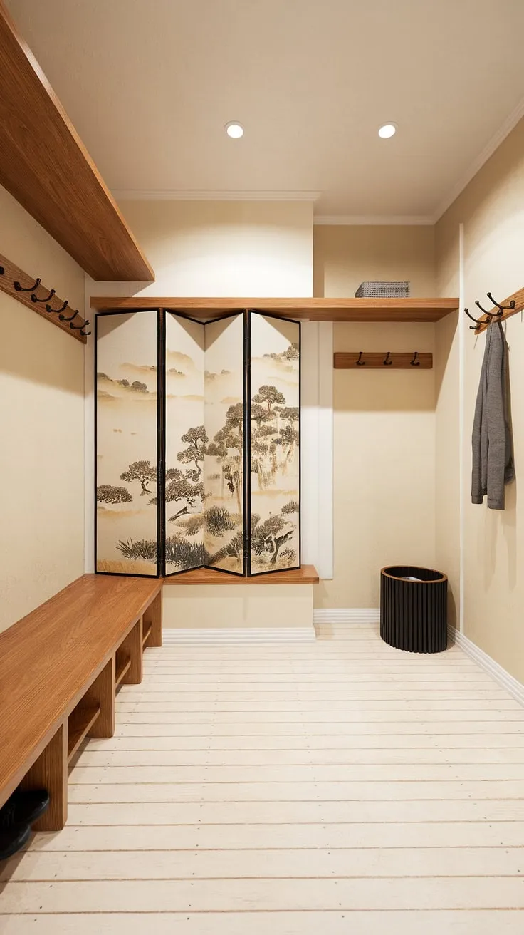 This thoughtfully designed mudroom seamlessly blends Scandinavian simplicity with Japanese serenity. The pale wood tones, clean lines, and carefully curated details-including a built-in bench, wall-mounted shelf, and a beautiful nature-themed screen-create a welcoming and organized entryway. A space where functionality and beauty coexist.