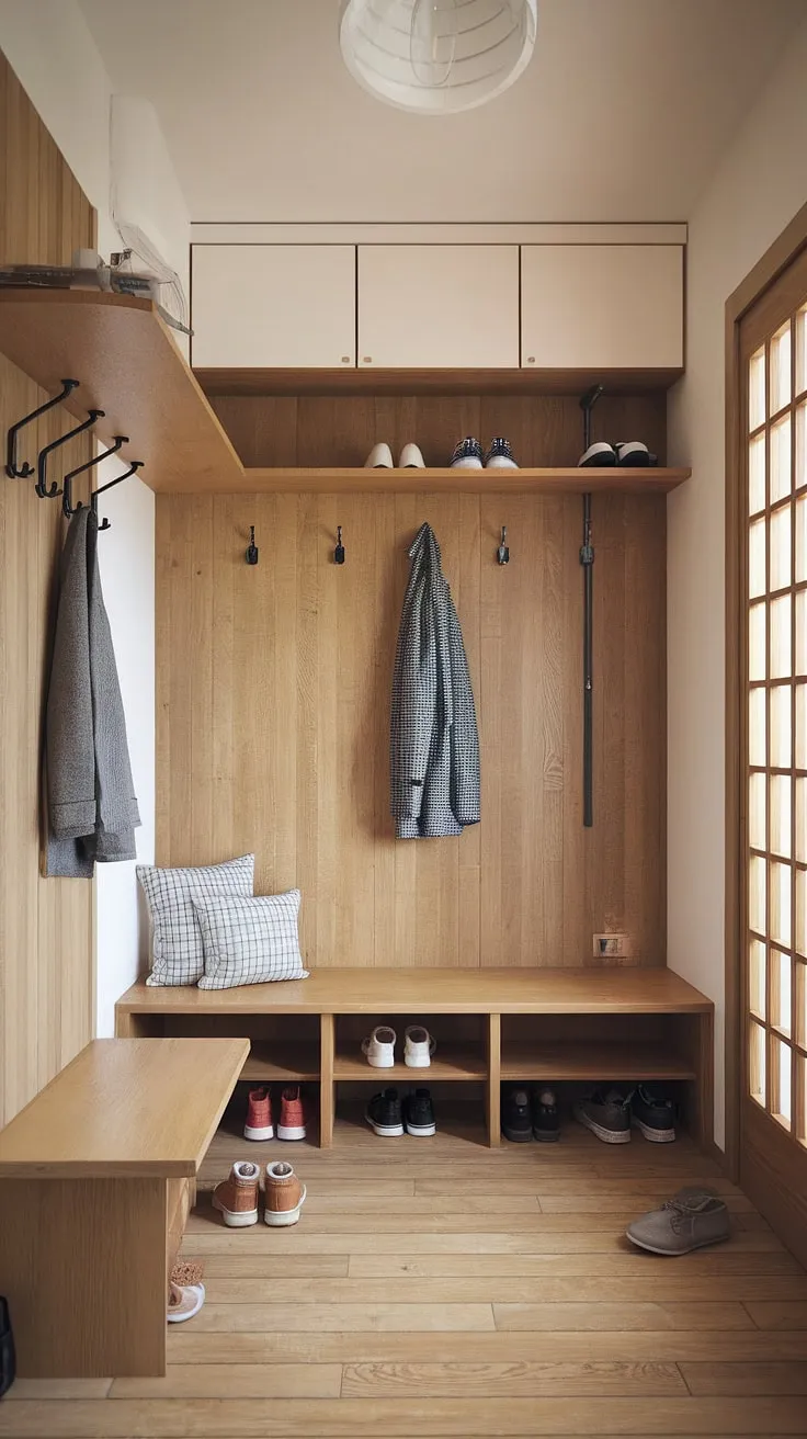 A sanctuary of calm amidst the chaos of daily life. This Scandinavian and Japanese-inspired mudroom, with its minimalist design and warm wood tones, offers a peaceful transition between the outside world and the comfort of home. The thoughtful storage solutions, from the built-in bench to the hanging shoe rack, ensure everything has its place, promoting a sense of order and serenity. A perfect blend of functionality and aesthetic appeal.