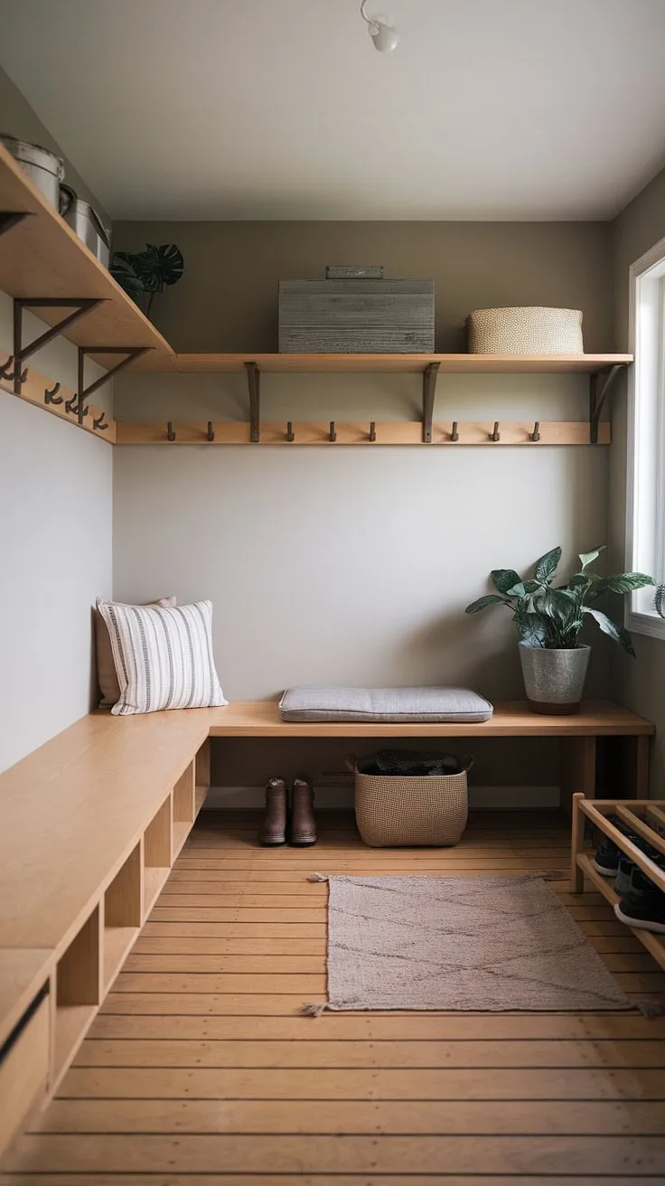 Find your calm in this thoughtfully designed mudroom. Blending Scandinavian and Japanese influences, the space effortlessly combines minimalist aesthetics with practical storage. Natural wood, soft textures, and a curated selection of items create a welcoming and organized entryway.
