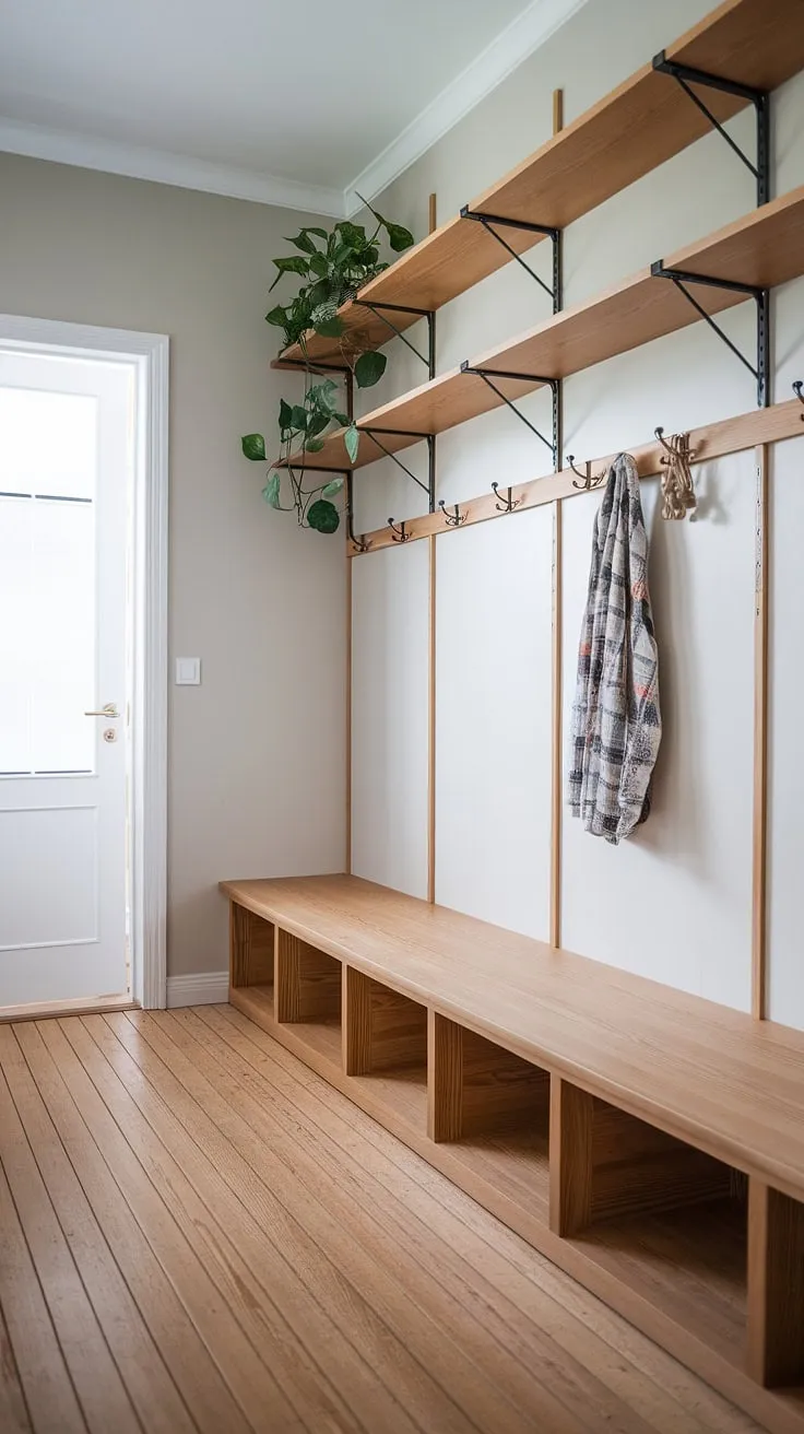 This thoughtfully designed mudroom effortlessly blends Scandinavian and Japanese aesthetics. The light grey walls and natural wood elements create a calming space, while the built-in storage and coat rack ensure practical functionality. The minimalist approach maximizes space and promotes a sense of order, making this entryway both beautiful and efficient.