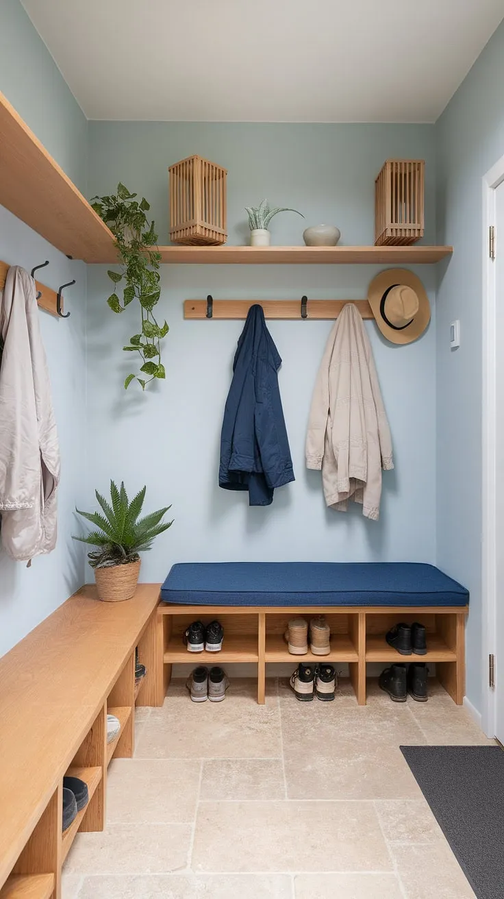 Light and airy, this Scandinavian-Japanese mudroom effortlessly blends functionality with a minimalist aesthetic. The calming blue hues, natural wood tones, and carefully curated details-from the coat rack to the petite plants-transform a utilitarian space into a welcoming sanctuary. A testament to the beauty of simple design.