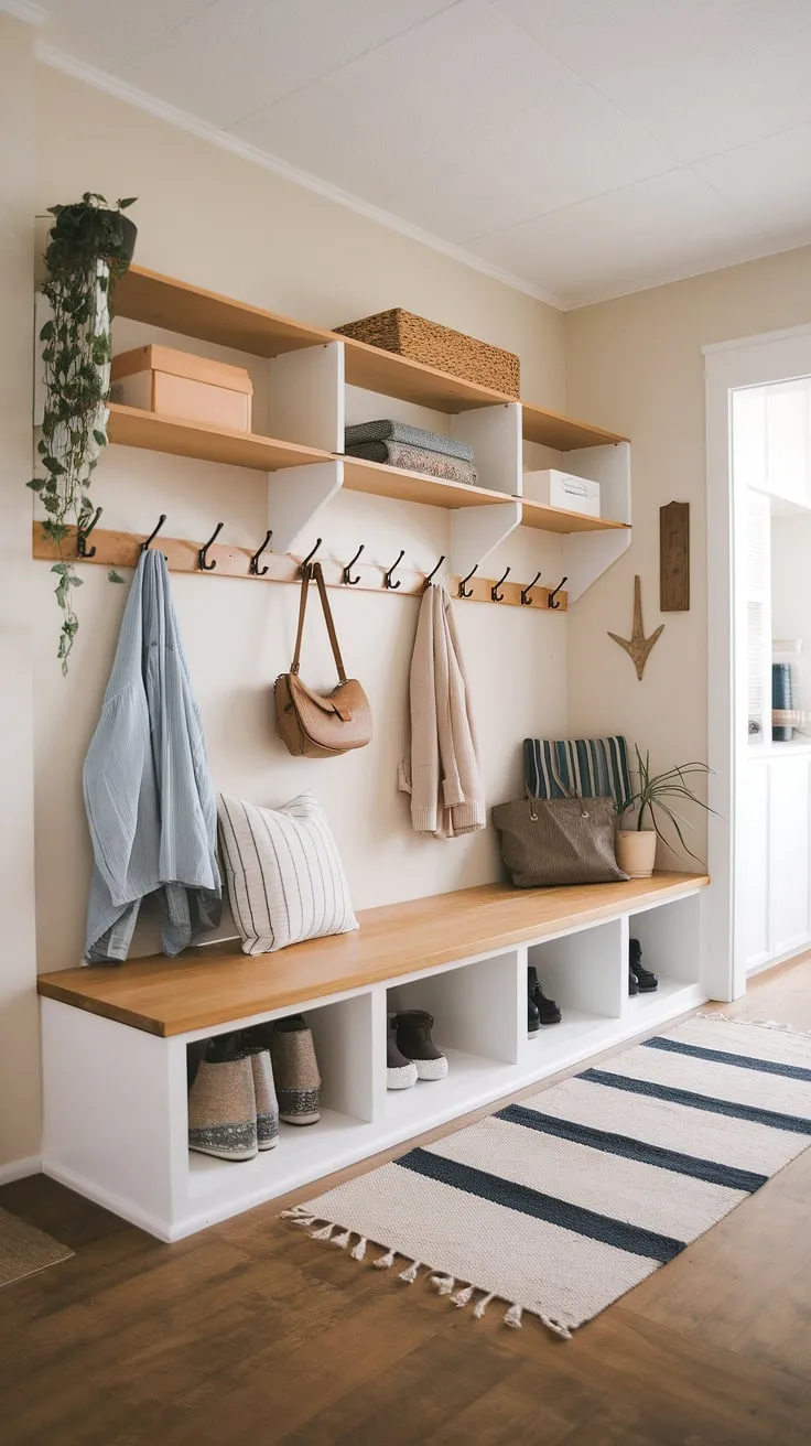 This light-filled mudroom effortlessly combines Scandinavian simplicity with Japanese minimalism. The white bench, wooden shelves, and carefully curated accessories create a calming and practical space for everyday organization. A tranquil start and end to each day.