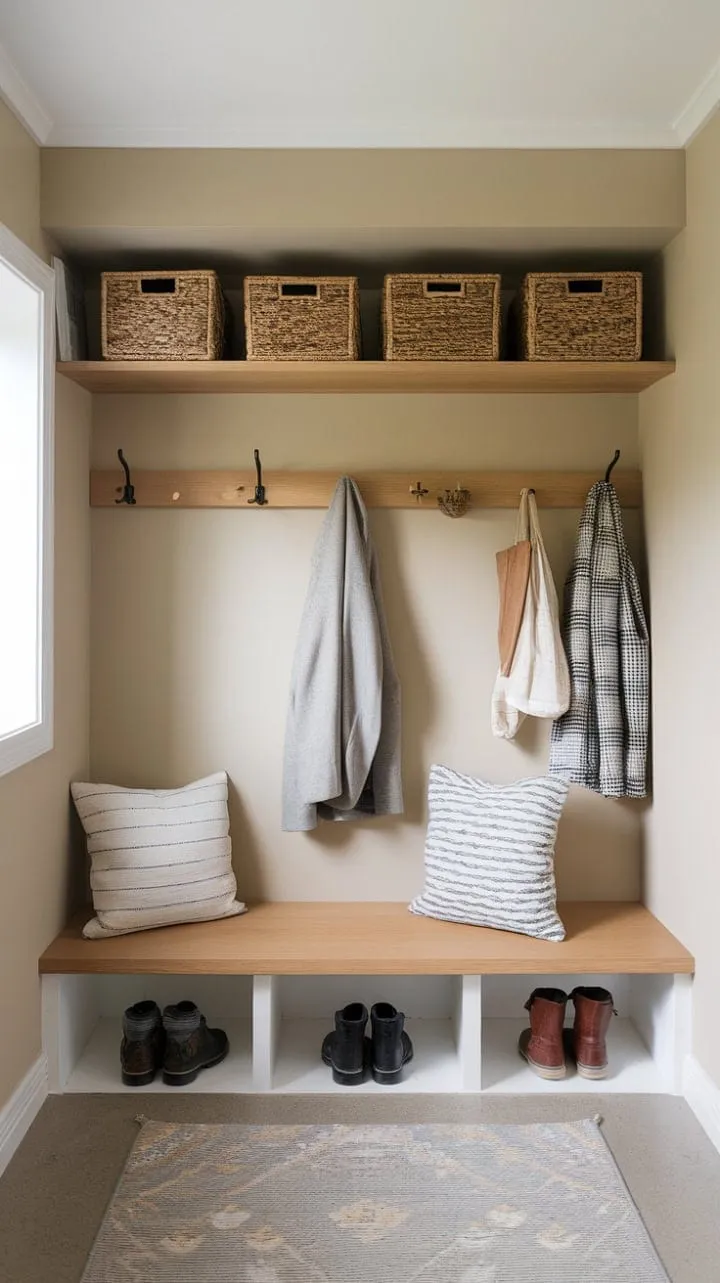 This Scandinavian mudroom, infused with Japandi influences, harmoniously combines minimalist design and practical elements to create a tranquil and functional entryway.