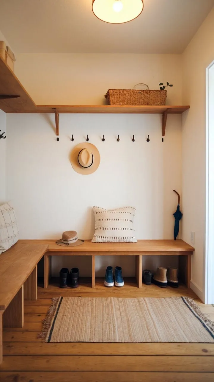 In a serene sanctuary of understated elegance, warm light illuminates the minimalist mudroom's clean lines and natural textures, effortlessly blending practicality with beauty.