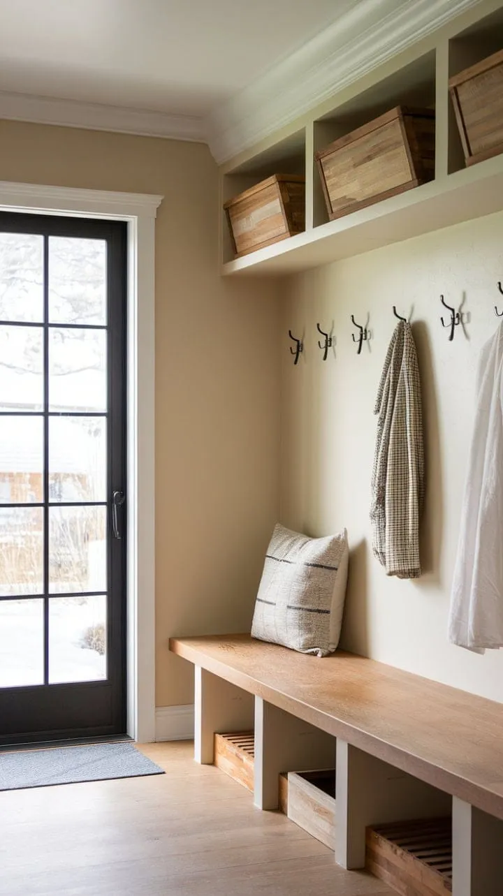 This serene mudroom harmoniously fuses Scandinavian minimalism with Japanese wabi-sabi, offering a tranquil yet functional space adorned with natural wood tones and smart storage solutions.