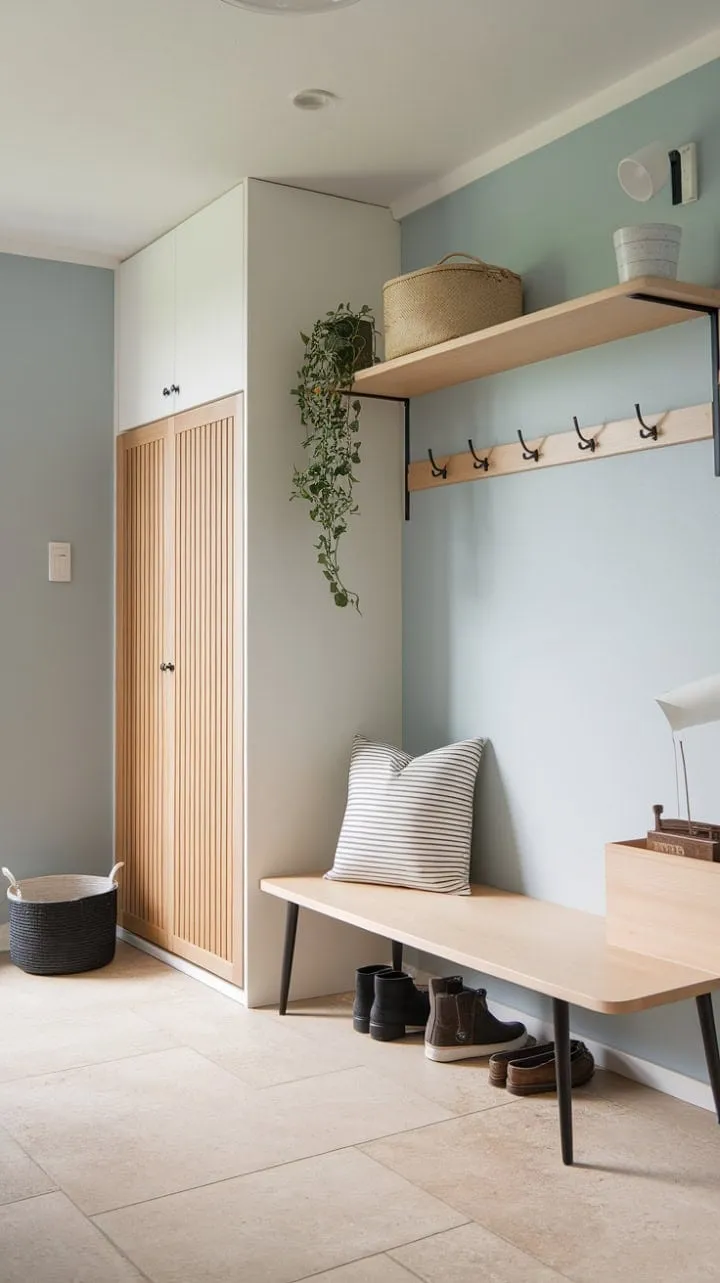 This Japandi mudroom blends tranquil pale blue walls and warm wood tones with minimalist elegance, creating a serene retreat adorned with thoughtful details.