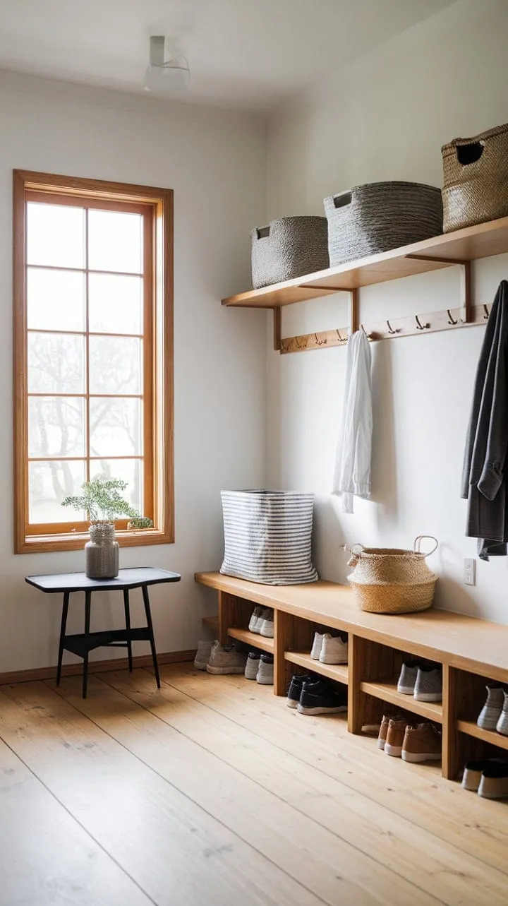 This mudroom harmoniously fuses Scandinavian minimalism with Japanese wabi-sabi, offering a serene and functional entryway through its clean lines and natural materials.