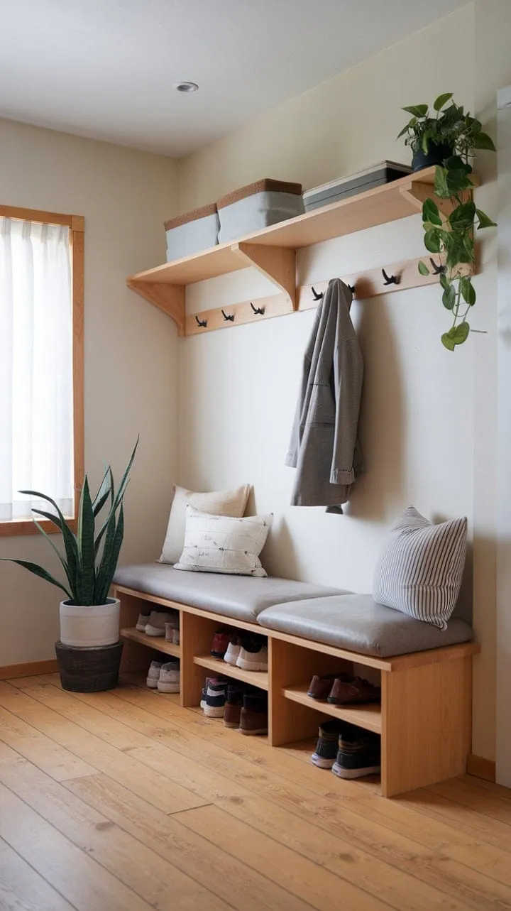 This tranquil Scandinavian-Japanese mudroom harmoniously fuses minimalist design with practical elegance, offering a warm and inviting retreat to unwind and declutter.