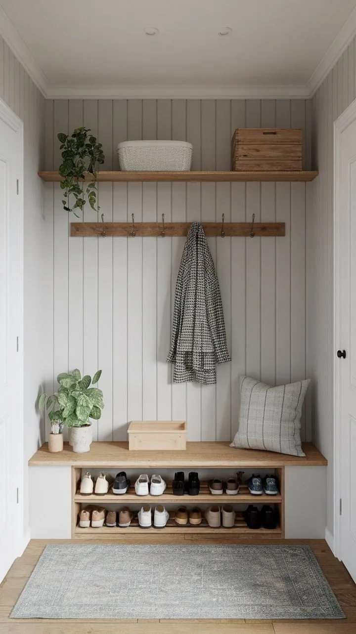 This thoughtfully curated mudroom blends serene Scandinavian simplicity with Japandi minimalism, creating a tranquil entryway that harmoniously balances function and beauty.