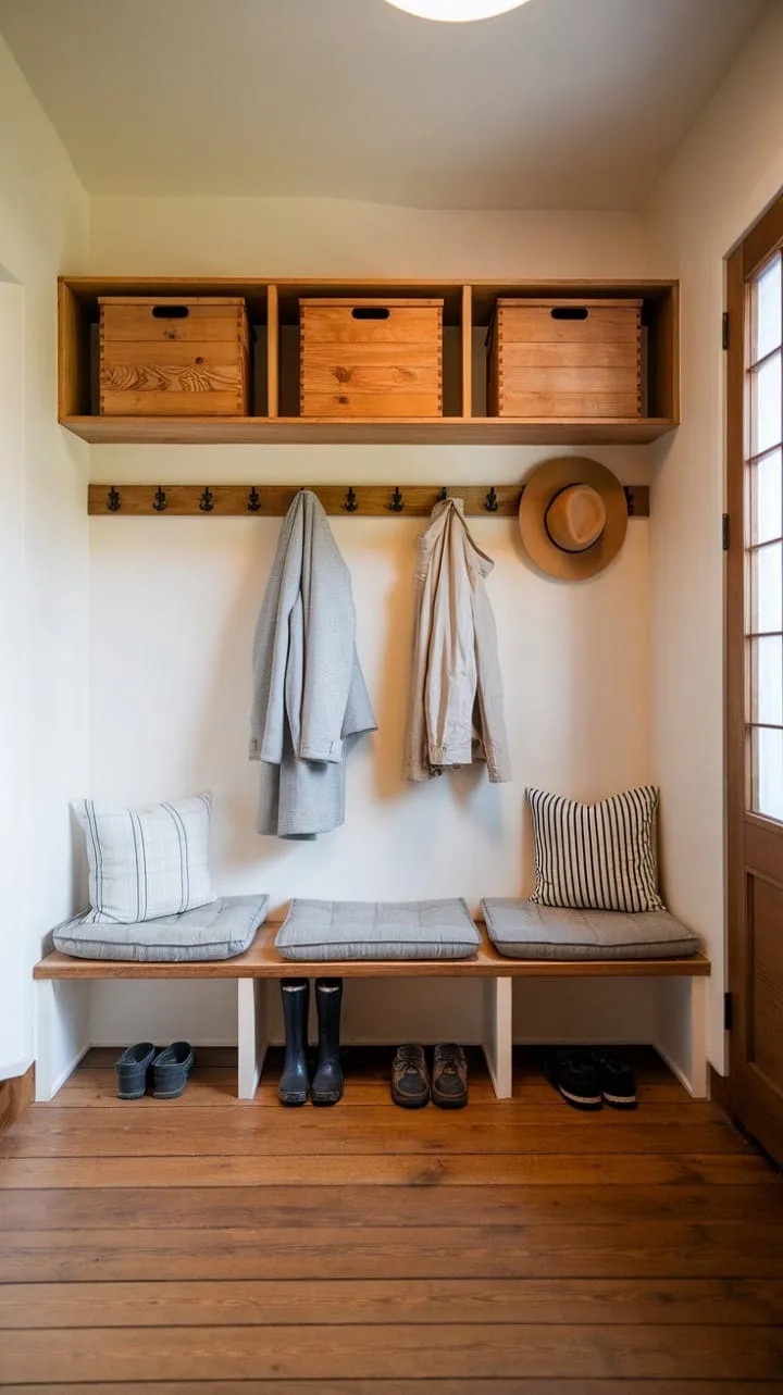 This Scandinavian-Japanese inspired mudroom harmoniously combines warm wood and clean lines to transform the mundane act of shedding outerwear into a serene ritual of elegance and functionality.