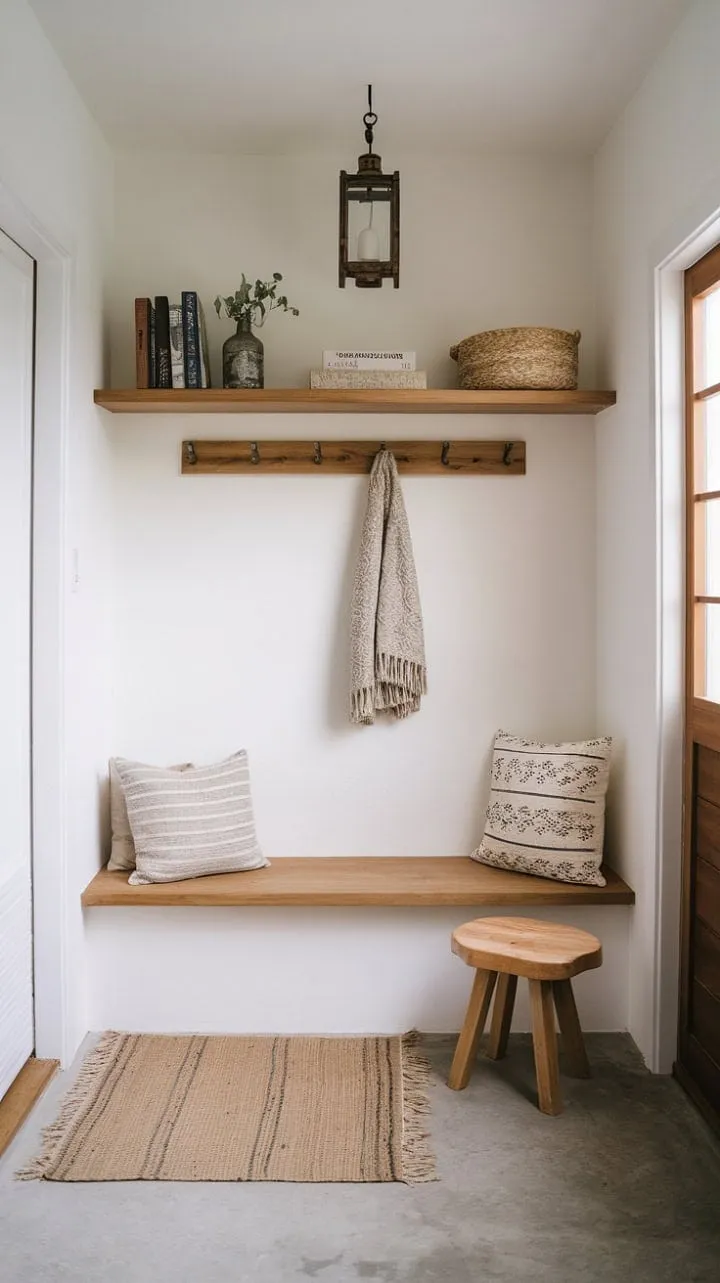 This serene mudroom artfully combines Scandinavian and Japanese aesthetics, featuring clean lines, natural wood, and cozy accents for a tranquil entryway retreat.
