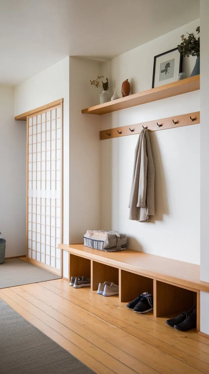 This minimalist mudroom harmoniously fuses Scandinavian simplicity with Japanese elegance, creating a serene sanctuary that elevates functionality through thoughtful design.