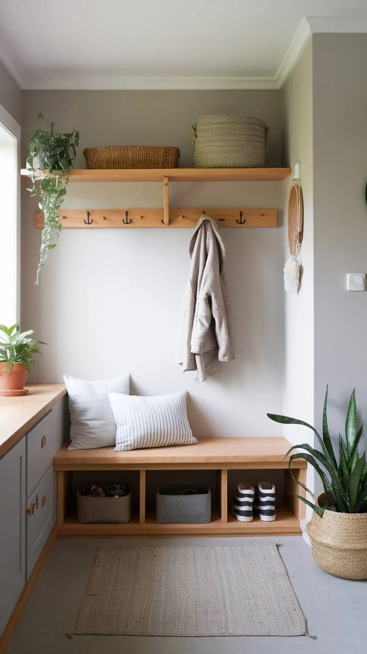 This Japandi-inspired mudroom harmoniously fuses Scandinavian minimalism with Japanese practicality, offering a serene retreat of natural textures and muted tones.