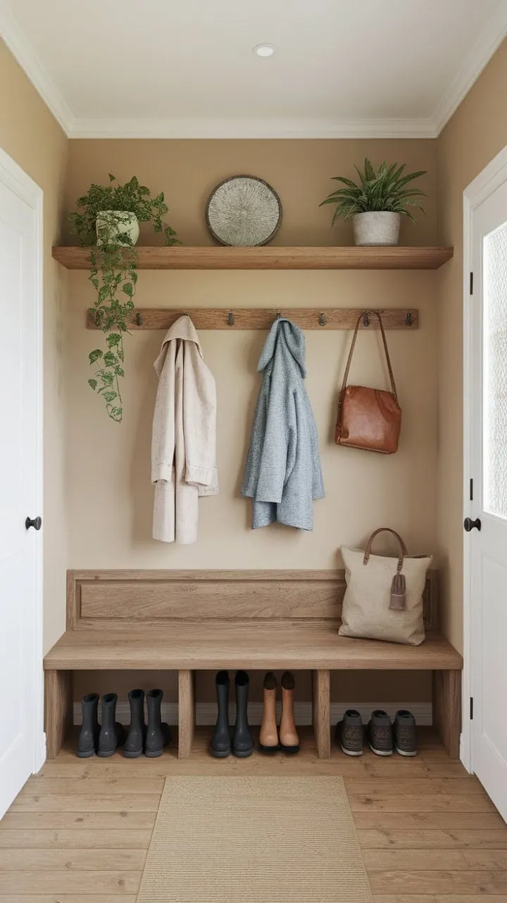 This Scandinavian mudroom harmoniously combines minimalist Japanese design with warm wood tones and soft light, creating a serene yet functional entryway.