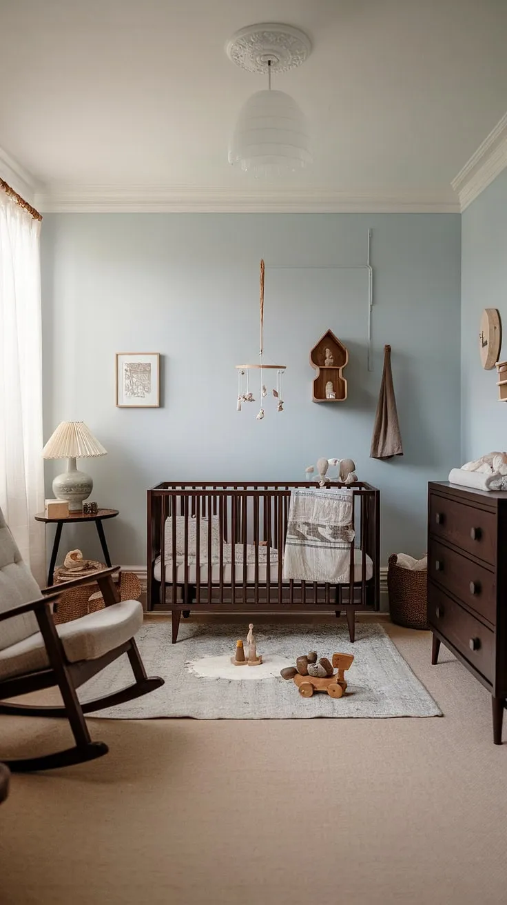 Gentle breezes and quiet dreams fill this Scandinavian-inspired nursery, where vintage charm meets modern comfort. The dark wood crib, dresser, and rocking chair create a cozy haven, perfectly complemented by the soft blue walls and a playful mobile. A touch of old-world elegance, a space designed for peaceful slumber and joyful awakenings.