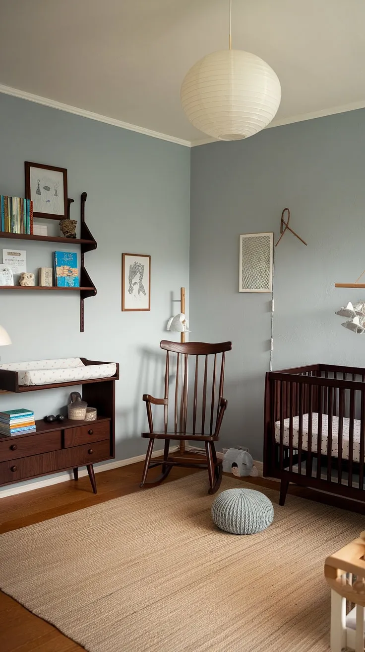 This Scandinavian-inspired nursery is a testament to understated elegance. The dark wood crib and changing table anchor the space, complemented by the soft glow of the wall lamp and the warmth of the beige rug. A tranquil retreat where precious moments unfold, filled with the promise of sweet dreams and gentle rocking.