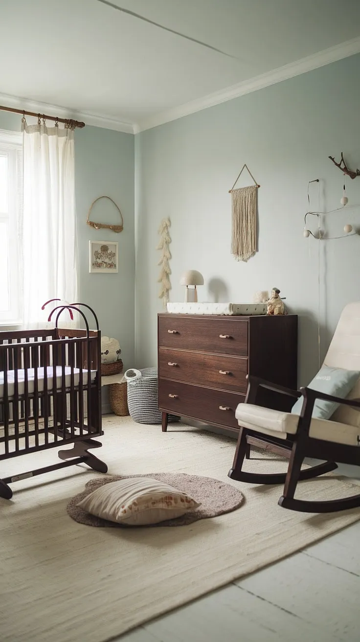 Soft blue walls and the warm glow of natural light bathe this nursery in serenity. A vintage cradle, a comforting rocking chair, and carefully chosen details create a space that's both stylish and deeply nurturing. A sanctuary of quiet joy for the little one.