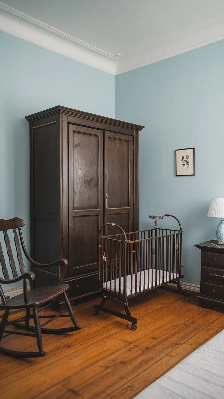 A haven of calm and understated elegance, this Scandinavian-style nursery whispers promises of gentle nights and peaceful days. The dark wood furniture, vintage cradle, and rocking chair create a timeless atmosphere, perfectly complemented by the soft blue walls and warm wooden floors. A perfect space for sweet dreams.