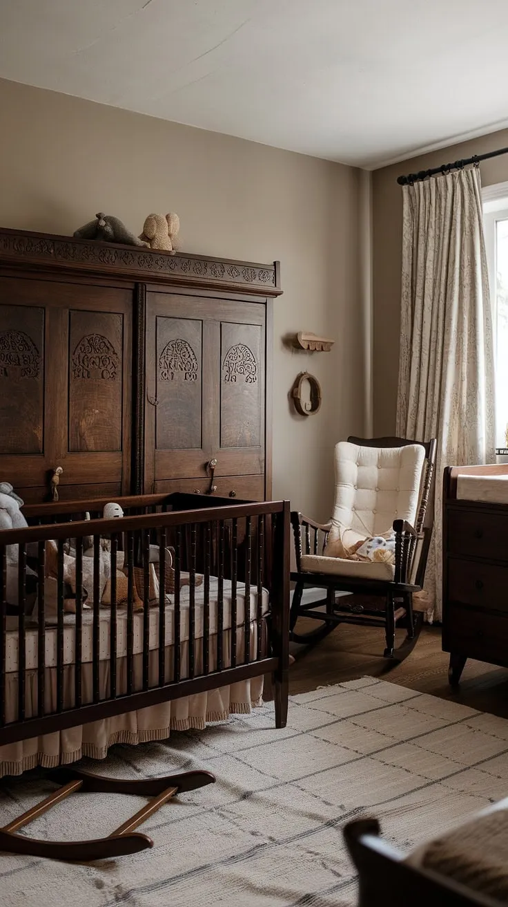 A haven of calm and handcrafted detail, this Scandinavian-style nursery whispers stories of gentle nights and cherished moments. The dark wood furniture, intricately carved, adds a touch of timeless elegance, while soft toys and a cozy rug create a space perfect for a little one's dreams. A perfect blend of vintage charm and modern simplicity.