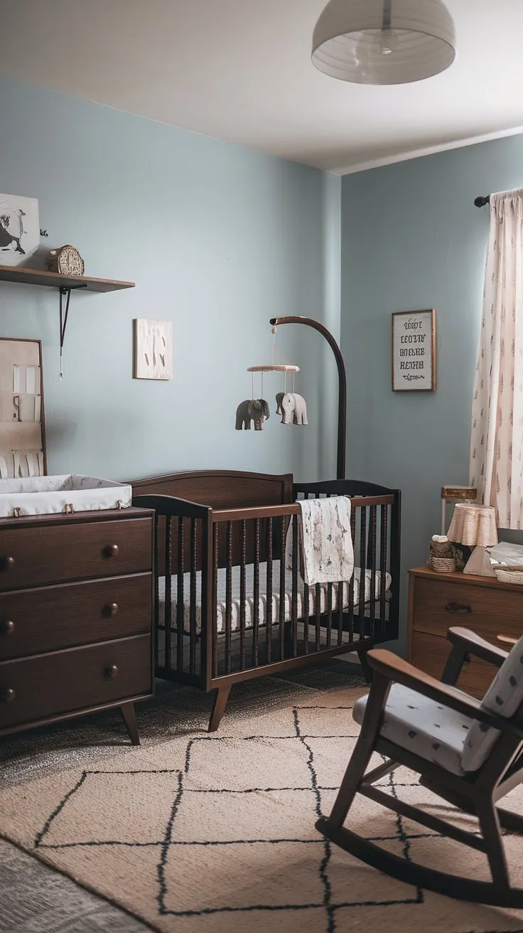 This Scandinavian-inspired nursery is a testament to timeless style. Dark wood furniture anchors the light blue room, creating a space that's both sophisticated and comforting. The carefully curated details, from the charming elephant mobile to the cozy rocking chair, promise years of cherished memories. A truly special place for a new arrival.