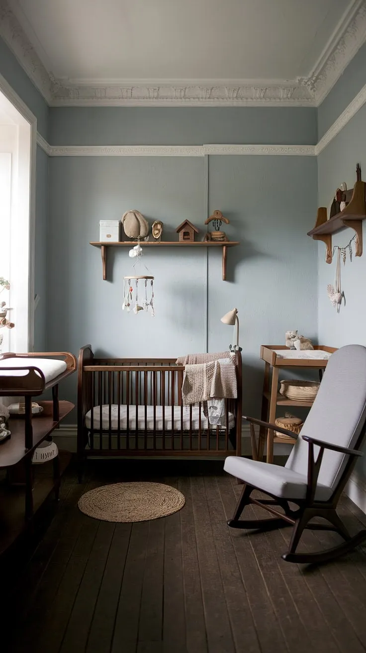 A hushed sanctuary of dark wood and soft blue, this vintage Scandinavian nursery whispers tales of quiet nights and gentle mornings. The heirloom crib, changing table, and rocking chair promise years of cherished memories, while the simple wooden toys invite imaginative play. A timeless space, perfectly balanced between rustic charm and calming serenity.