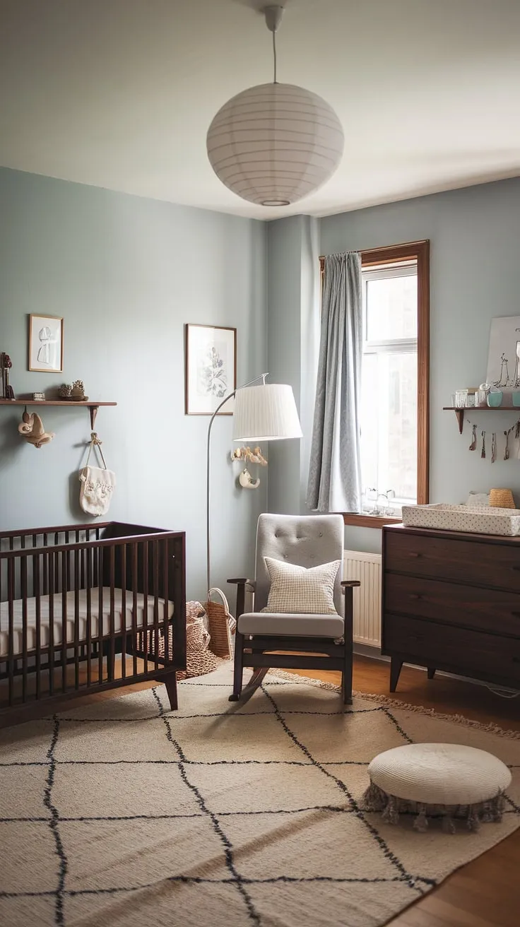 This vintage Scandinavian nursery is a dream. Dark wood pieces, a plush rug, and a gentle blue hue combine to create a space that's both sophisticated and utterly charming. A perfect blend of old-world charm and modern simplicity.