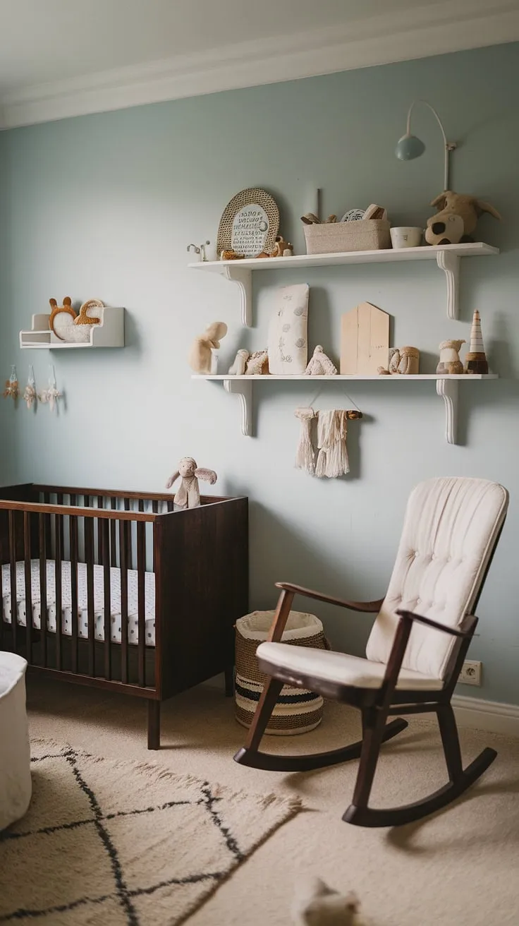 A dreamlike nursery, bathed in soft light, showcases a beautiful blend of Scandinavian simplicity and vintage charm. The dark wood crib and changing table are complemented by a worn rocker, creating a space that feels both timeless and utterly comforting. A perfect sanctuary for peaceful slumber and cherished moments.
