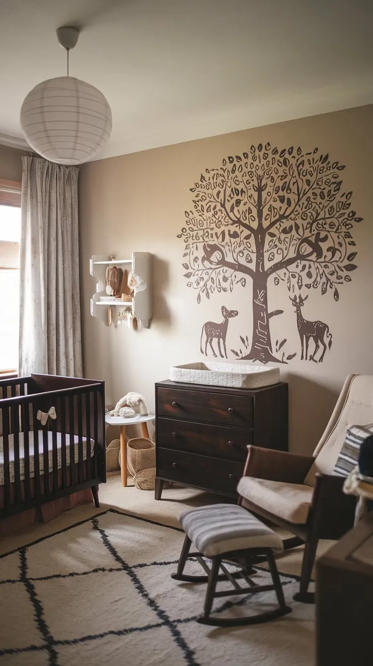 Cozy Scandinavian nursery, bathed in the warm glow of natural light, featuring dark wood furniture and vintage details that create a tranquil haven for peaceful slumber. A perfect blend of modern minimalism and timeless charm, this space is designed for both comfort and style. A testament to thoughtful design, every element contributes to a serene atmosphere where precious memories will be made.