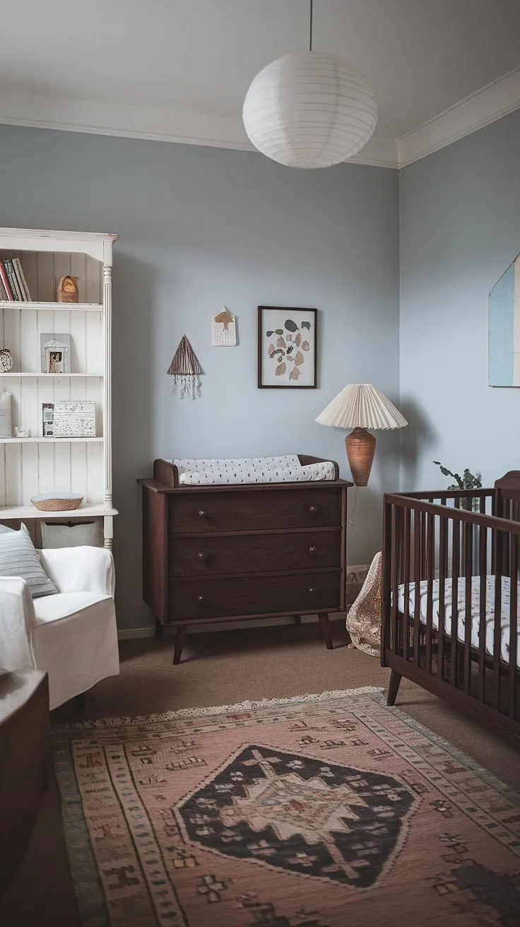 A serene Scandinavian nursery, bathed in soft light, where dark wood furniture whispers tales of generations past. The calming blue walls and vintage details create a haven of peaceful slumber, a perfect space for little ones to dream. A timeless sanctuary, designed for both comfort and style.