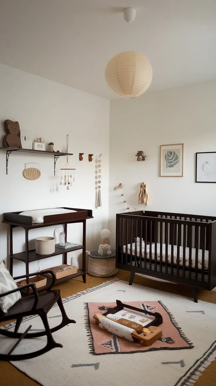 A haven of calm and understated elegance, this Scandinavian-inspired nursery blends dark wood furniture with vintage charm, creating a space that's both stylish and soothing for baby's first adventures. The carefully curated details, from the handcrafted wooden mobile to the gently rocking chair, promise countless moments of peaceful connection.