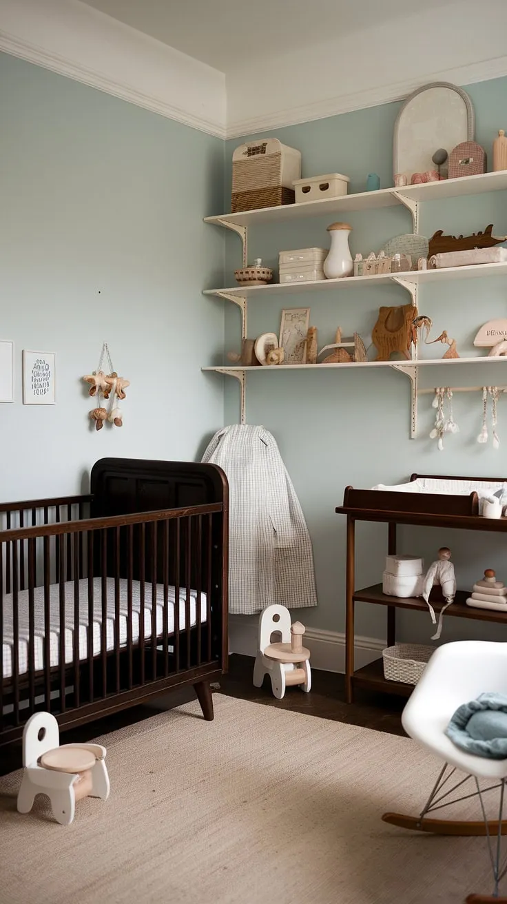 A haven of calm and gentle Scandinavian style, this nursery whispers stories of quiet nights and cherished moments. The worn wood, soft blue walls, and vintage treasures create a space where dreams are born and memories are made. A perfect sanctuary for little ones.