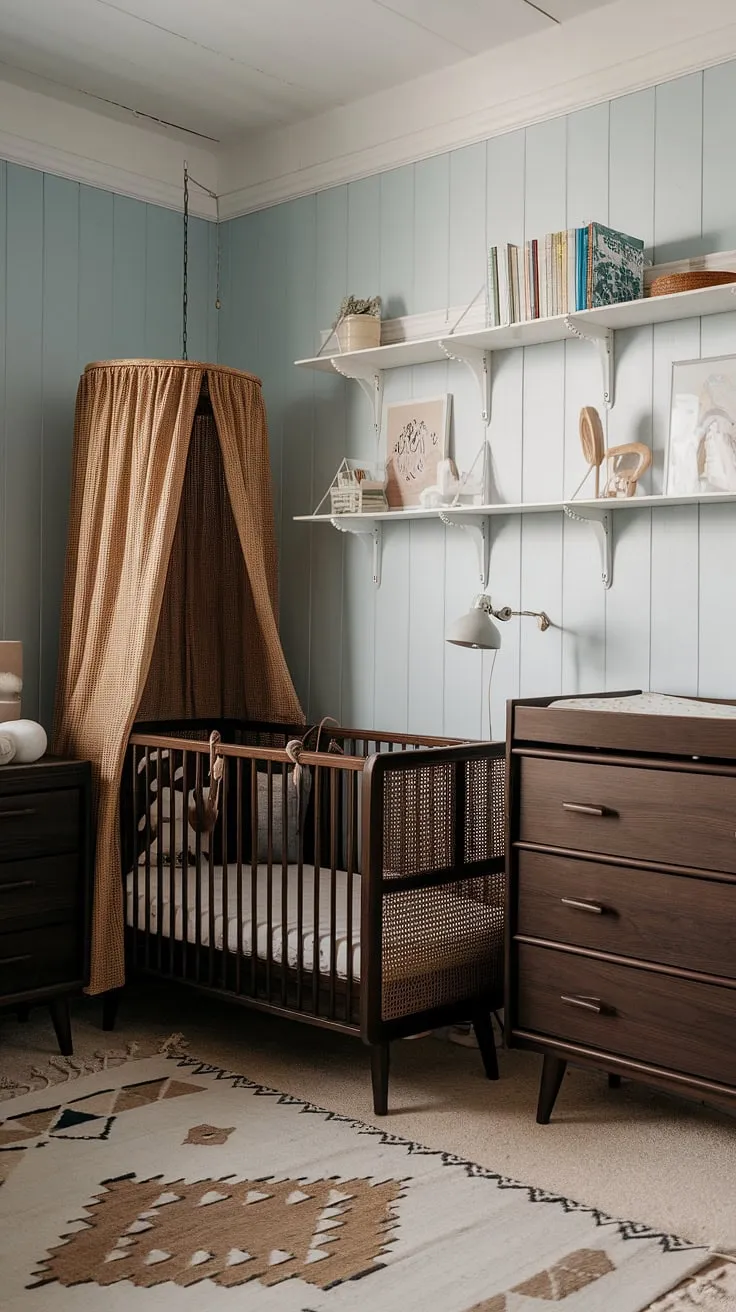 This Scandinavian-inspired nursery is a testament to understated elegance. Dark wood furniture, a charming vintage crib with a woven rattan canopy, and a soft blue backdrop create a calming atmosphere. The addition of white shelves filled with books and decorative items adds a touch of personality, making it the perfect sanctuary for a new arrival.