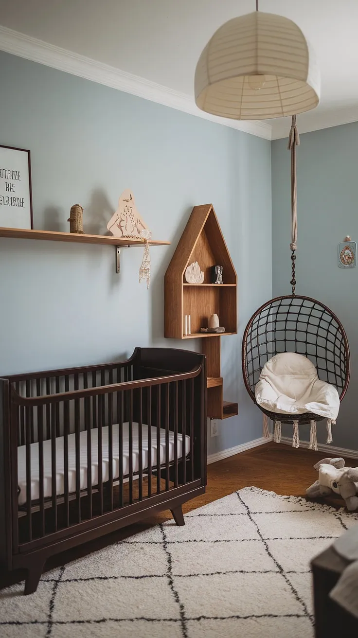 Soft blue walls and dark wood furniture create a serene Scandinavian sanctuary for the little one. The vintage crib, hanging chair, and unique lampshade add a touch of playful charm, making this nursery a haven of calm and a understated elegance.