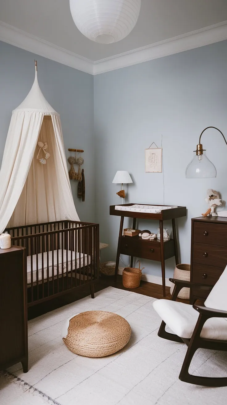 This light blue haven, filled with the warmth of dark wood and the gentle glow of a vintage lamp, is more than just a nursery; it's a sanctuary. The carefully curated details, from the antique crib to the practical changing table, speak to a love of timeless design and a commitment to creating a space where precious moments unfold. A truly special place for a new arrival.