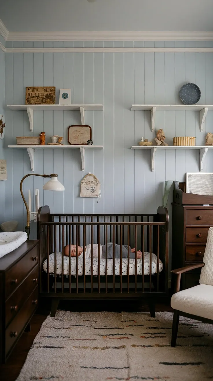 Sweet dreams in this Scandinavian-inspired nursery, where dark wood furniture and soft blue walls create a calming haven for peaceful slumber. The vintage details add a touch of timeless charm, making it the perfect space for a little one to grow. A cozy haven, indeed.
