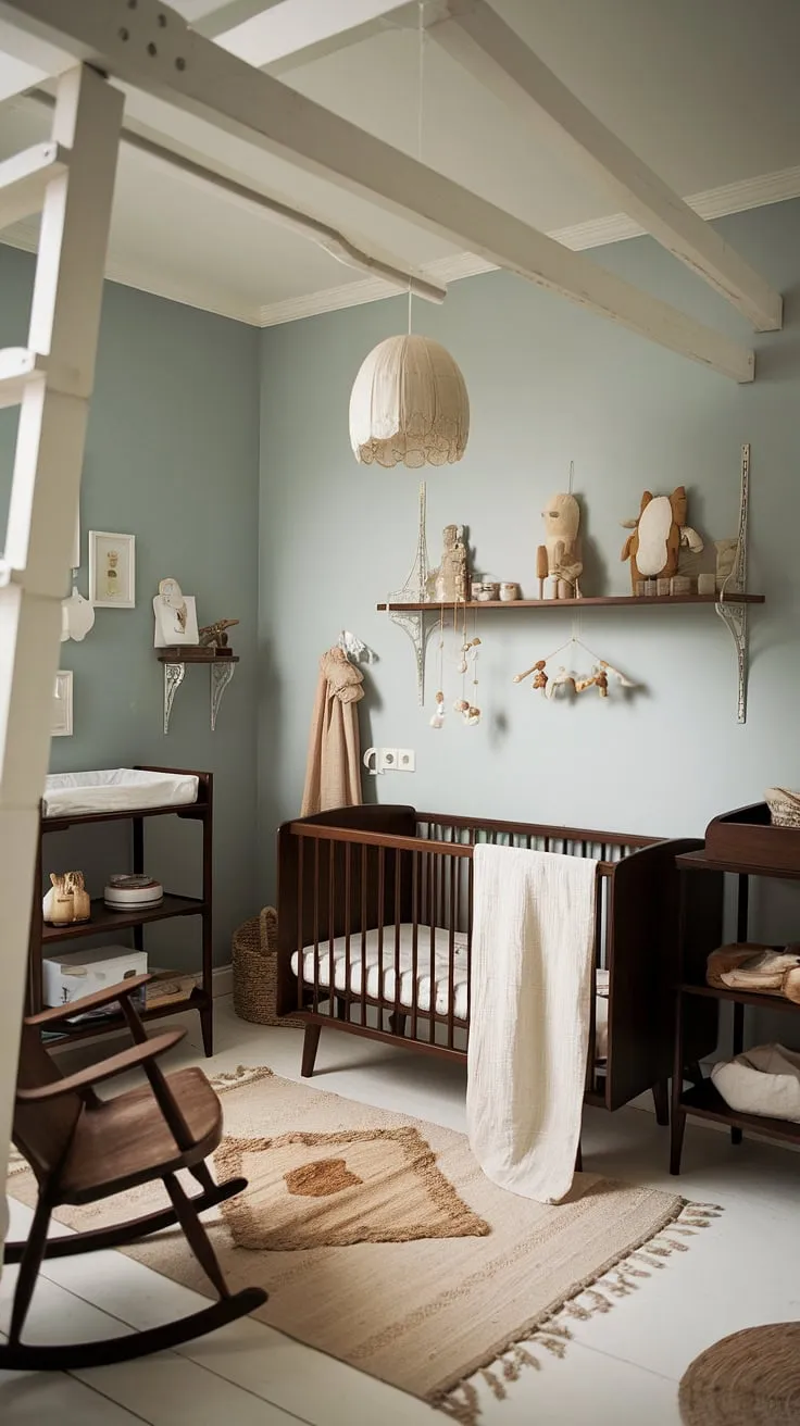This vintage-inspired Scandinavian nursery is a haven of calm. Dark wood accents, a soft blue palette, and thoughtfully chosen details, like the linen-draped crib and charming wooden animals, create a space where dreams are made and cherished memories begin. The gentle rocking chair promises soothing lullabies.