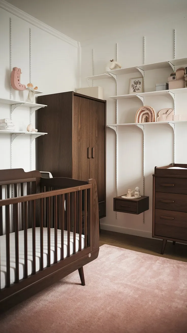 Dark wood accents and clean lines define this Scandinavian nursery, creating a sophisticated yet comforting space for a little one. The vintage crib, paired with a soft pink rug and thoughtfully placed storage, offers a blend of style and practicality, ensuring a serene environment for sleep and play.