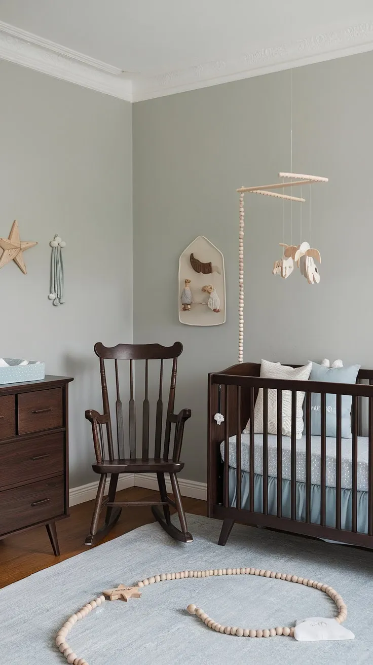 This Scandinavian-inspired nursery is a testament to understated elegance. Dark wood accents, a cozy rocking chair, and a thoughtfully curated collection of wooden toys create a calming atmosphere. The light blue bedding and soft gray walls complete the tranquil scene, promising peaceful nights and happy days.