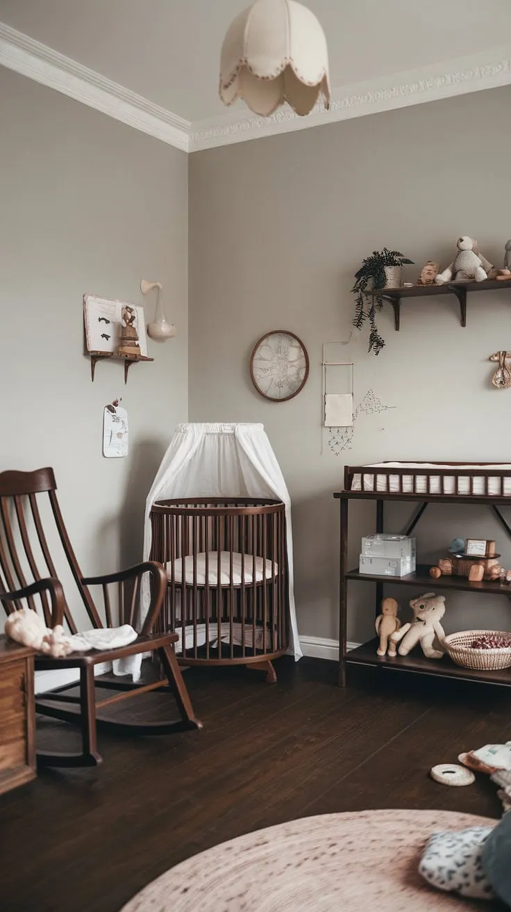 A haven of calm and quiet, this Scandinavian-style nursery whispers stories of gentle nights and peaceful days. Dark wood furniture, a vintage cradle, and soft grey walls create a space where dreams are born. The soft glow of the vintage lampshade adds to the room's enchanting atmosphere, a perfect sanctuary for a little one.