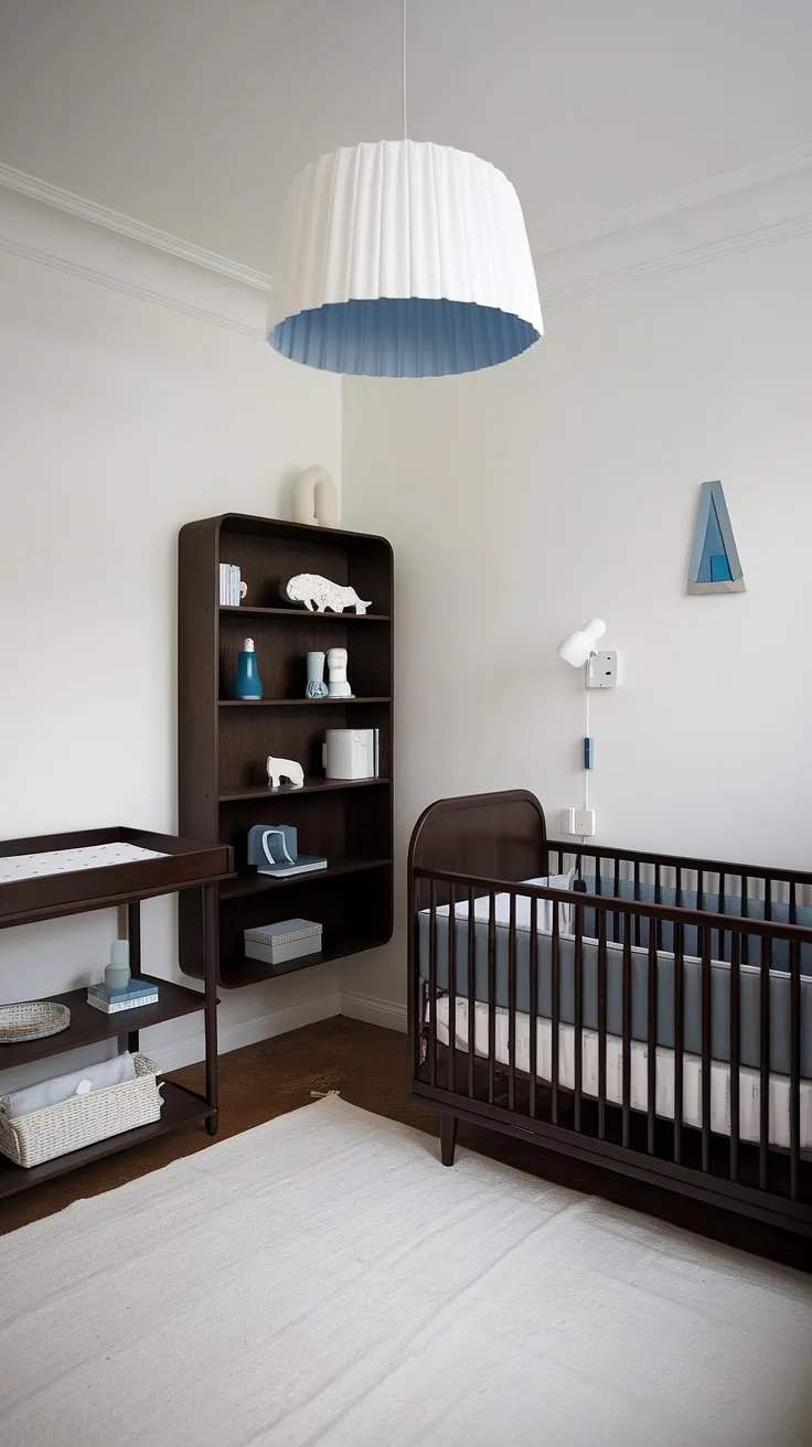 This Scandinavian nursery perfectly balances minimalist design with a touch of vintage charm. The dark wood furniture adds warmth and character, while the white walls and soft blue accents create a serene atmosphere. Every detail, from the vintage crib to the carefully selected bookshelf, has been chosen to foster a sense of calm and tranquility. A truly inspiring space for a little one's first years.