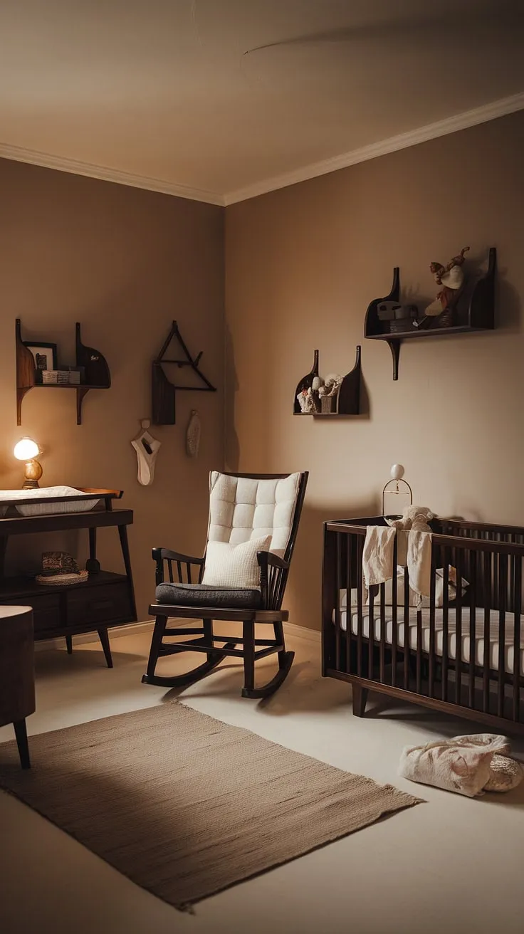 Warm light spills across the dark wood furniture of this Scandinavian-style nursery, creating a haven of calm and vintage charm. The gentle rocking chair, nestled beside the crib, promises countless hours of soothing comfort. A curated collection of wooden toys and decorative items adds a touch of personality to the space. This is where precious memories will be made.