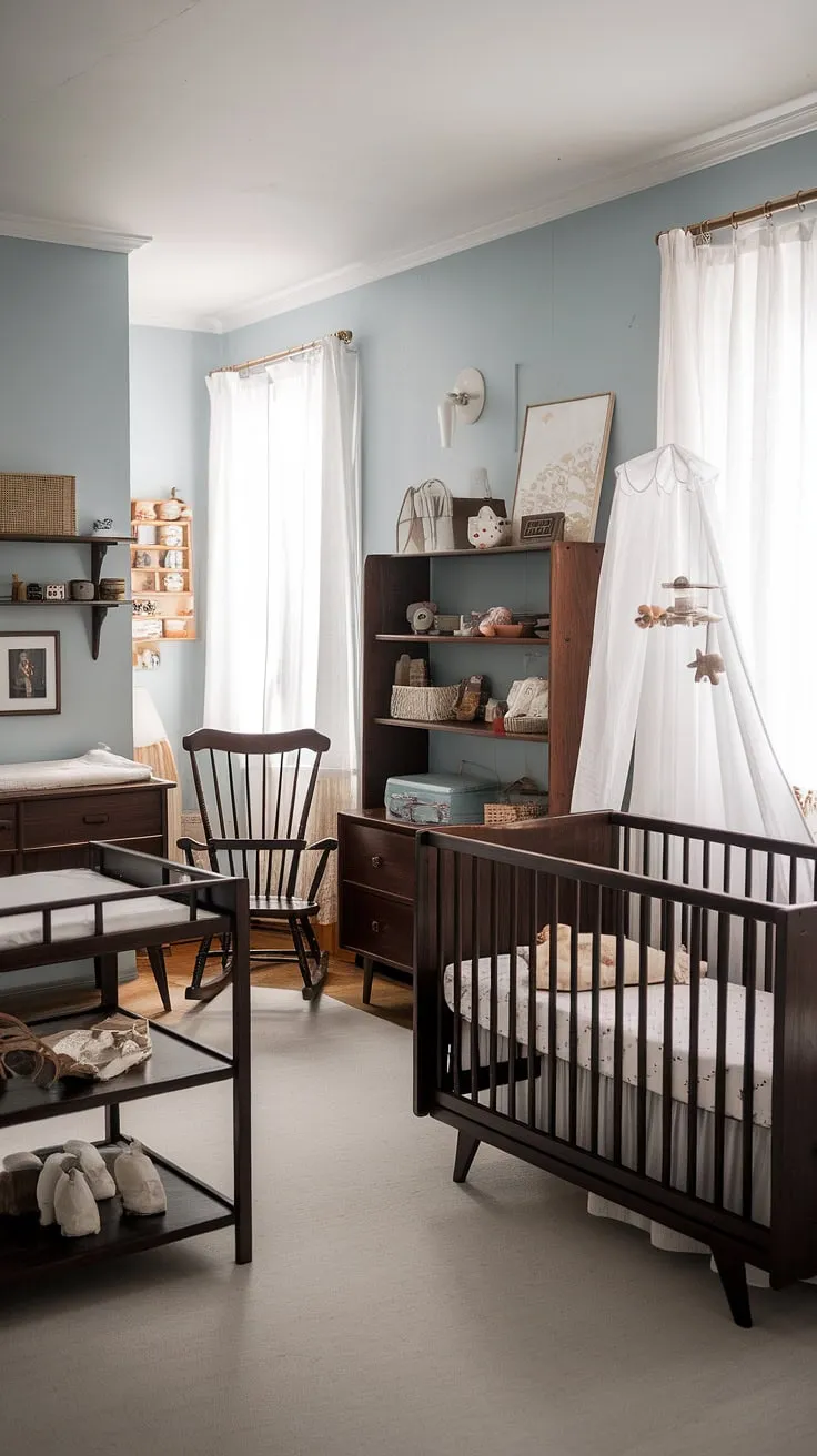 A timeless Scandinavian nursery, bathed in soft light, where dark wood furniture creates a warm and inviting haven for peaceful slumber. The simple elegance of the white bedding and delicate mobile complements the rich tones of the wood, creating a space both stylish and serene. A perfect blend of classic design and modern functionality.