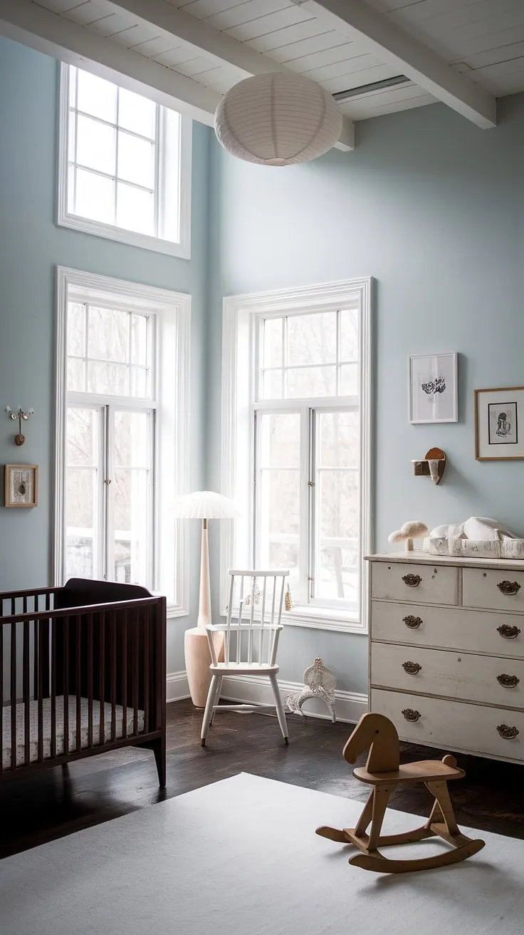 A haven of calm and quiet, this Scandinavian nursery blends the warmth of dark wood furnishings with the airy lightness of pale blue walls and ample natural light. Vintage details, like the rocking horse and antique dresser handles, add a touch of timeless charm, creating a space where dreams are born and cherished.