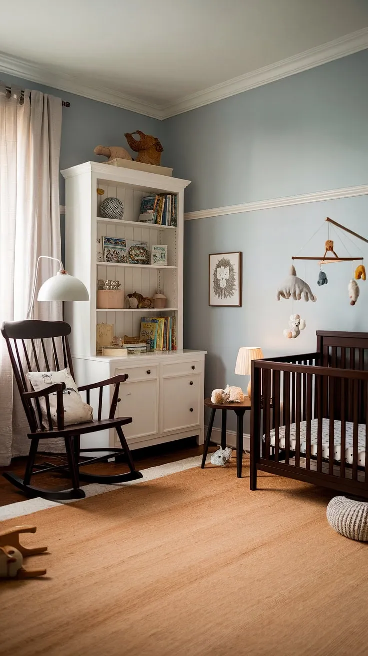 This vintage-inspired nursery, bathed in soft light, is a testament to understated elegance. The dark wood furniture, paired with a playful lion painting and animal mobile, creates a space that's both stylish and perfectly suited for a baby boy's peaceful slumber.